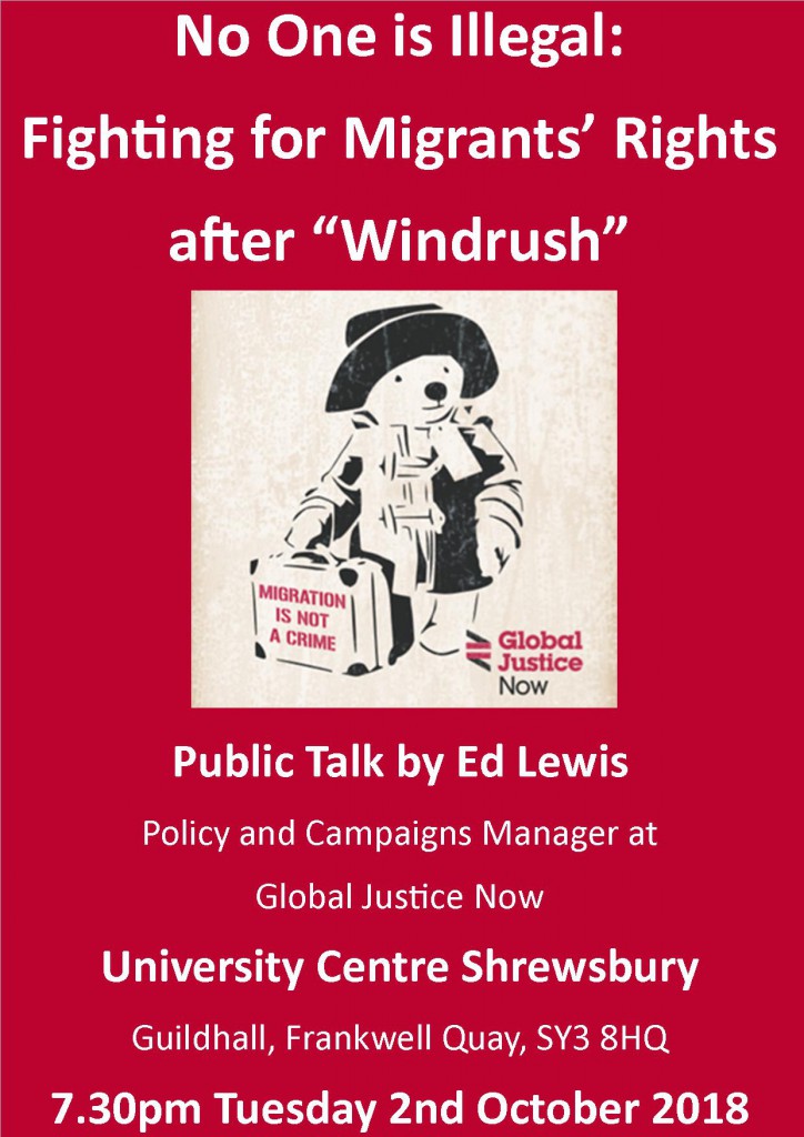 Poster publicising talk on migration in Shrewsbury on 02.10.18