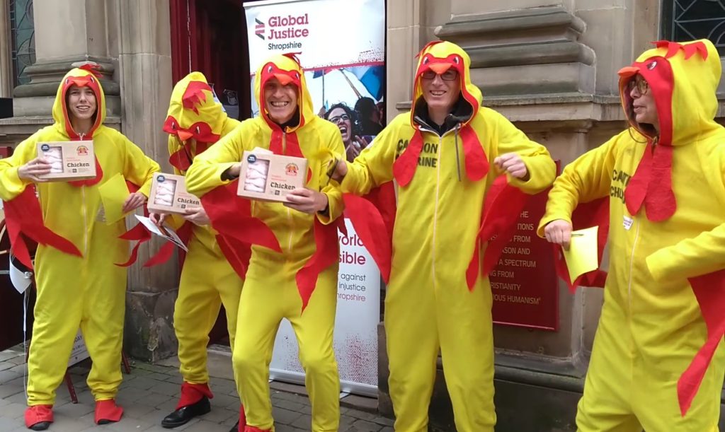 Global Justice Shropshire members dressed as 'chlorinated chickens' to protest against the US-UK trade deal