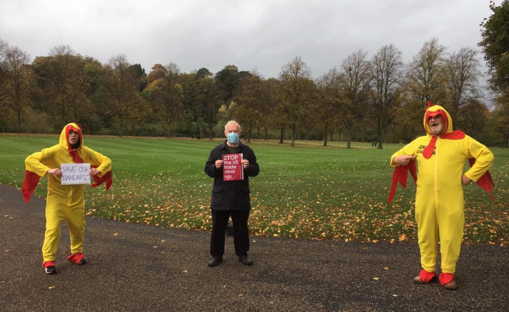 Global Justice Shropshire members dressed as 'chlorinated chickens' to protest against the US-UK trade deal